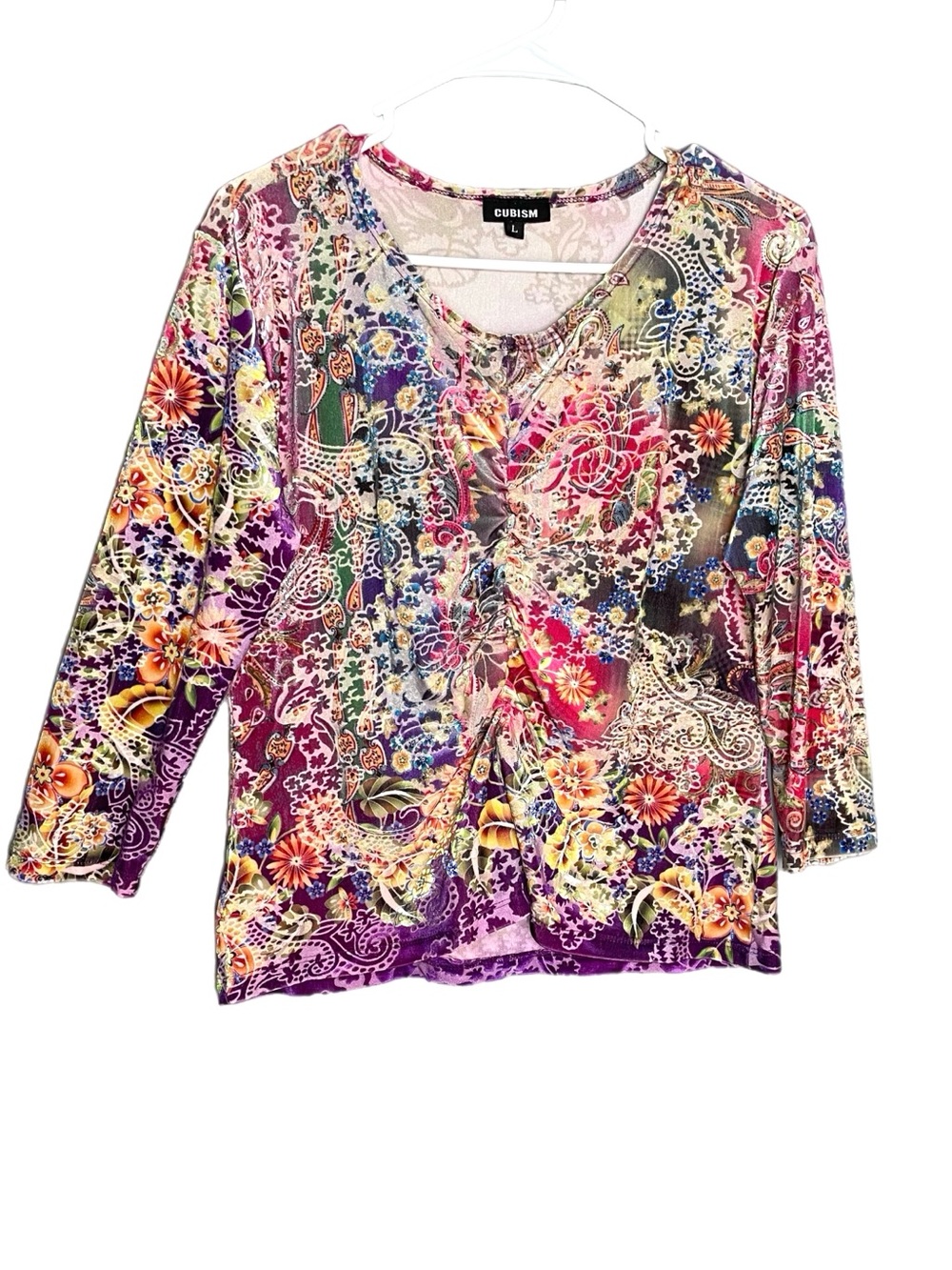 Cubism 3/4 Sleeve Velvet Stretch Blouse Size Large